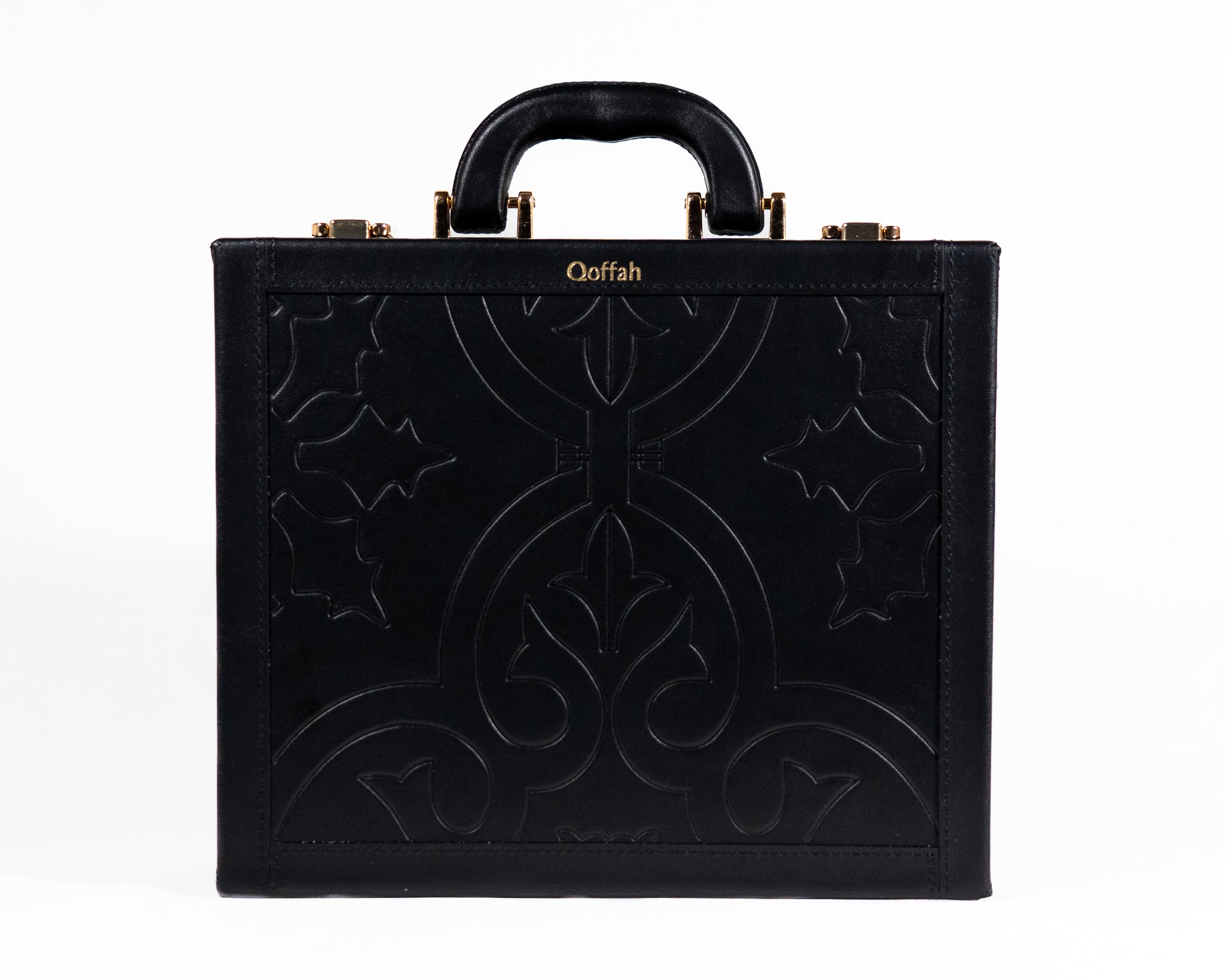 Kleopatra Bag - Black Engraved Leather Luxury Handbag by QOFFAH