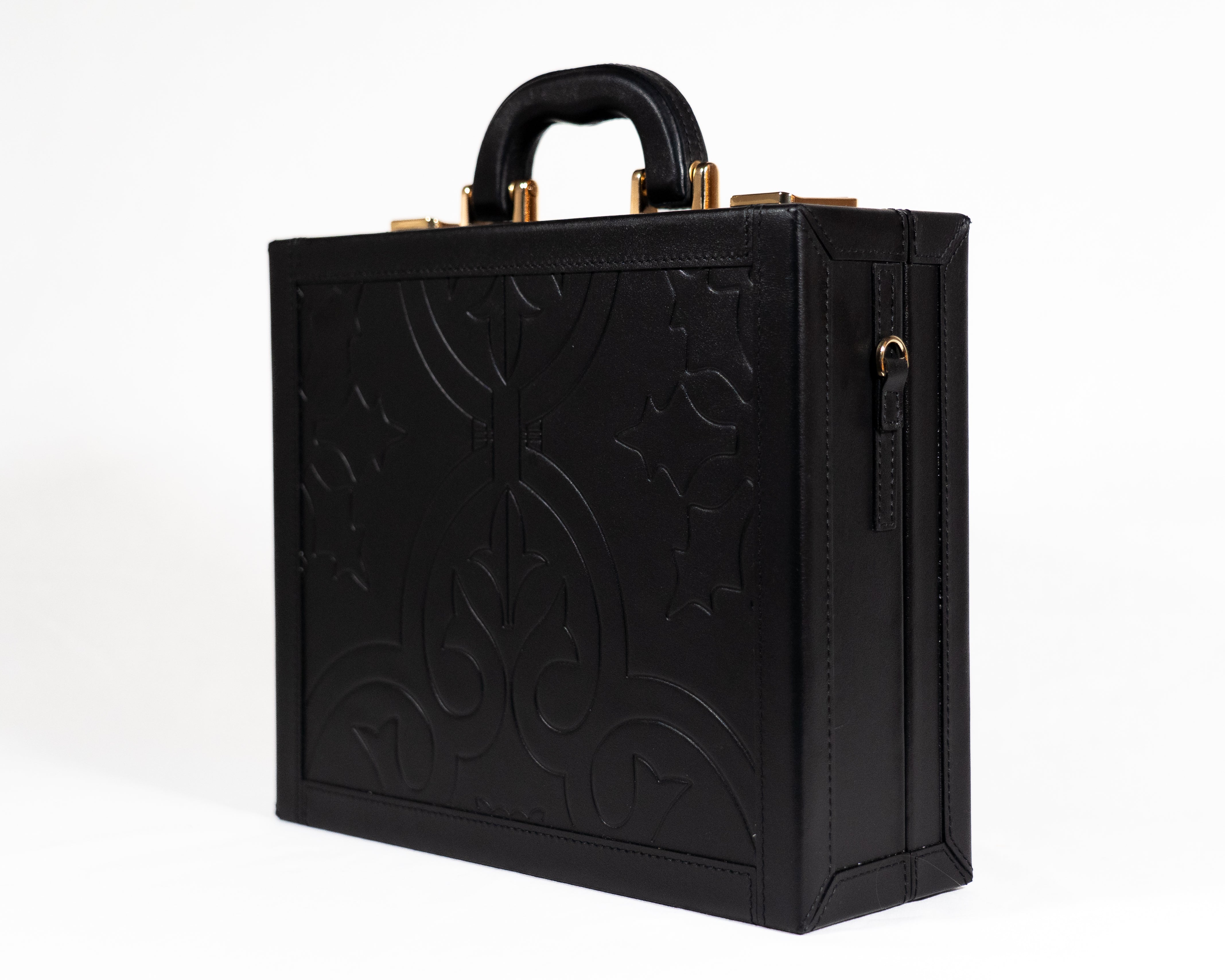 Close-up of Black Engraved Leather on Kleopatra Designer Bag